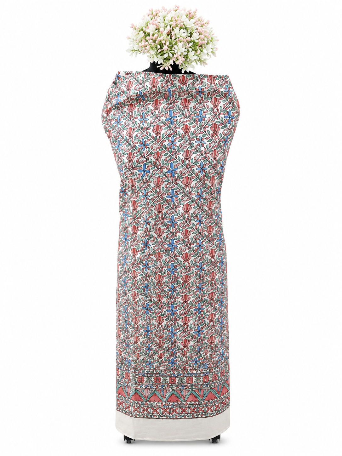 Hand-painted Tussar Munga Silk Suit Set with Floral Vine Artwork, Artistic Red Accents and Elegant Aanchal Dupatta