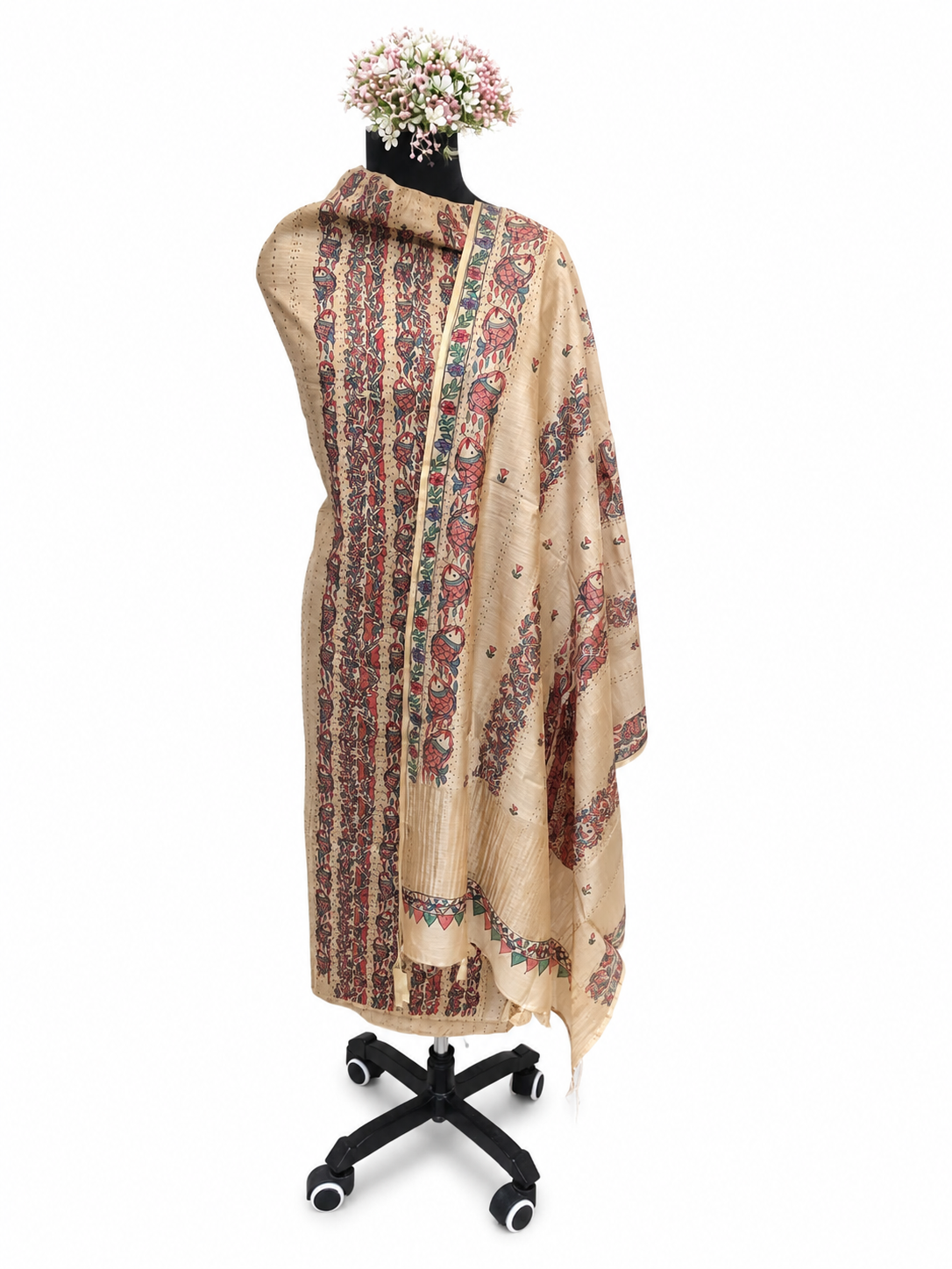 Hand-painted Madhubani Tussar Munga Silk Suit Set with Sujani Work Kurti and Madhubani Art Dupatta with Fish and Floral-Inspired Detailing