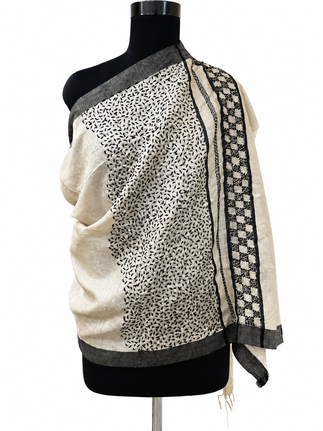 Hand-Embroidery Tussar Munga Silk Stole with Black Border and Intricate Sujni