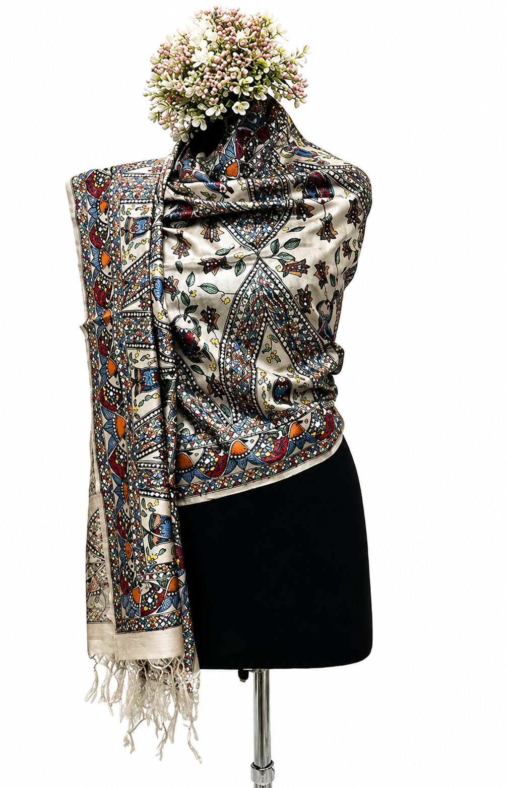 All Over Handpainted Madhubani Tussar Munga Silk Stole with Fish Motifs