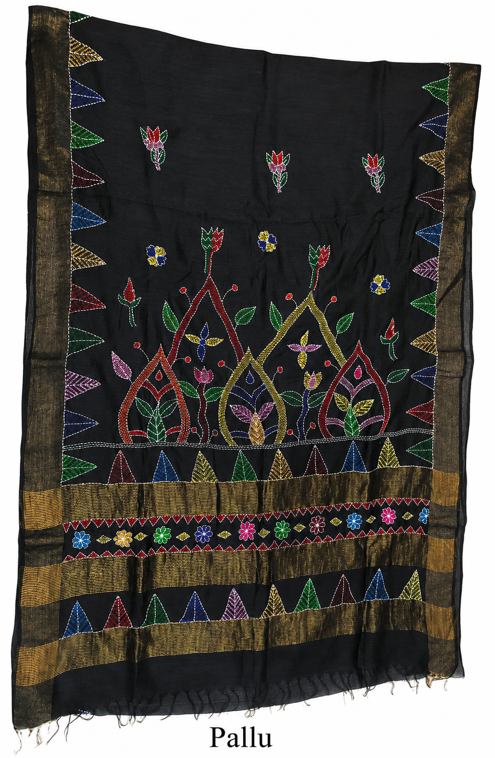 Hand-painted Tussar Munga Silk Saree with Sujani Embroidery & Antique Gold Zari Border in Jet Black