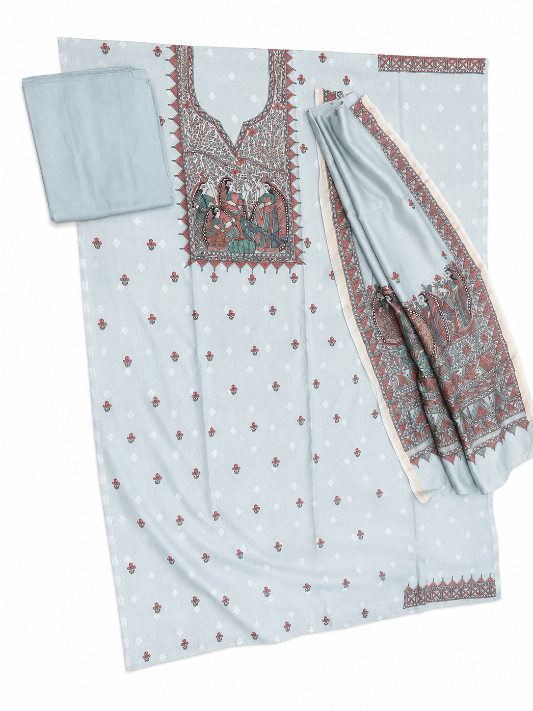 Hand-painted Madhubani Chanderi Suit Set with Boutique Work Kurti, Artistic Fish-Inspired Dupatta and Zari Border