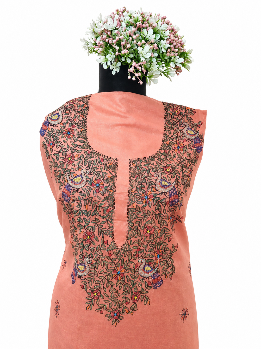 Hand-painted Madhubani Tussar Munga Silk Suit Set with Peacock and Elephant-Inspired Artwork, Sujani Detailing, Floral Vine Boutique Accents, Designer Neckline and Matching Dupatta with Zari Border