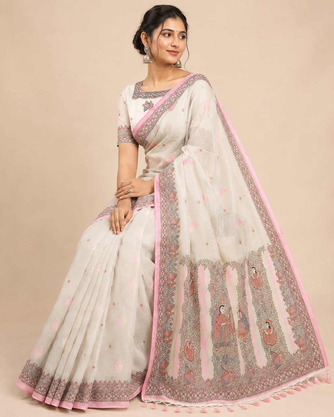 Hand-painted Ivory Pink Kota Silk Saree with Ram–Sita Swayamwar Madhubani Art & Rich Zari Border