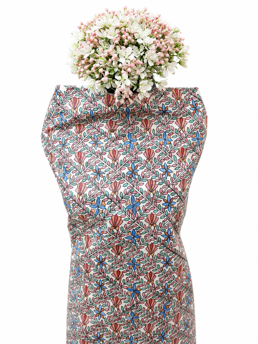 Hand-painted Tussar Munga Silk Suit Set with Floral Vine Artwork, Artistic Red Accents and Elegant Aanchal Dupatta
