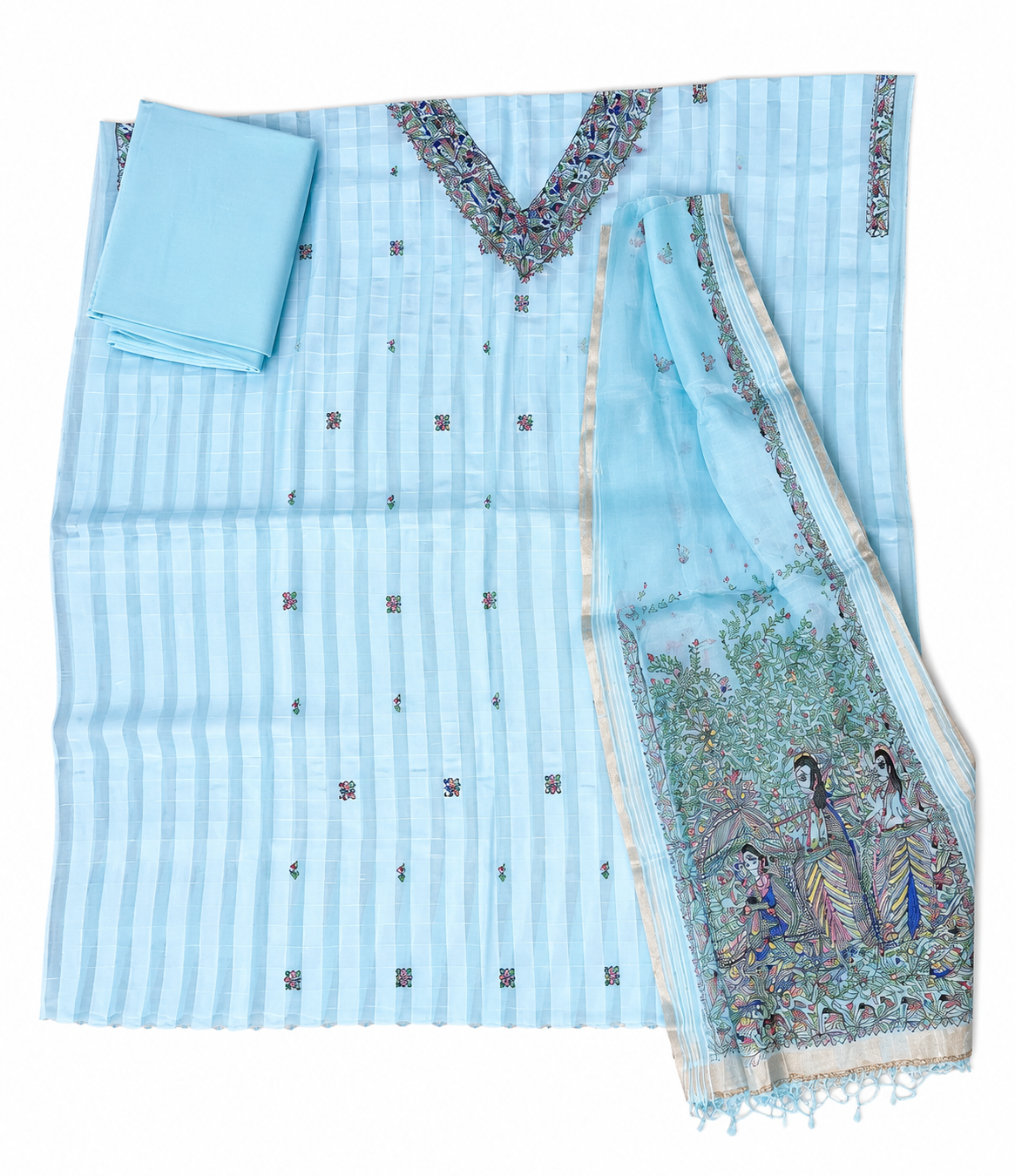 Handpainted Madhubani Organza Suit Set with Peacock and Elephant-Inspired Folk Art, Doli Ka Haar Dupatta Design and Buti Detailing