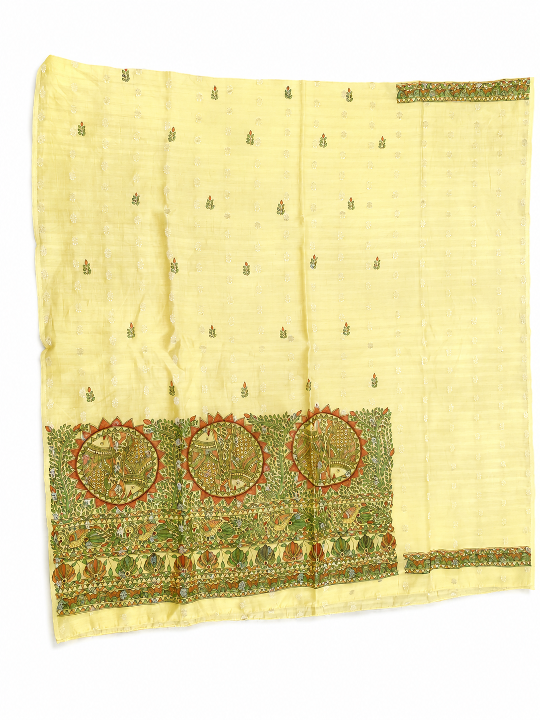 Hand-painted Madhubani Chanderi Suit Set with Artistic Boutique Detailing, Peacock and Aquatic-Inspired Illustrations and Coordinated Dupatta