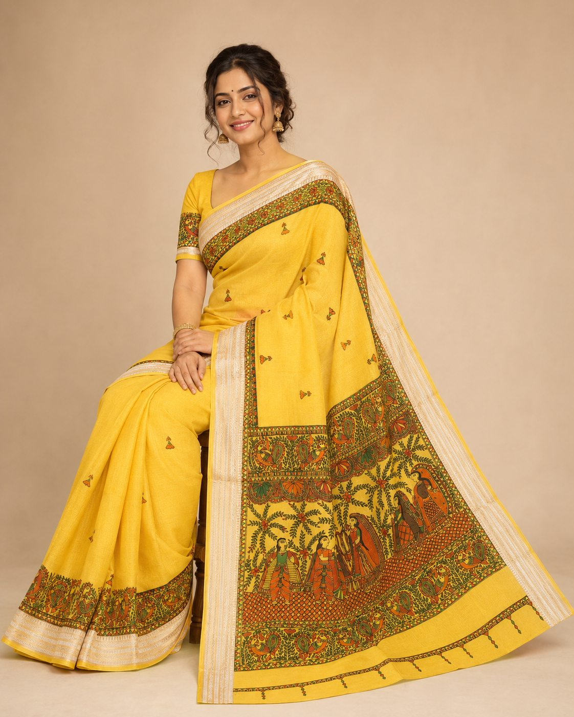 Hand- painted Mustard Yellow Kota Silk Saree with Ram - Sita Swayamwar Madhubani Art & Silver Zari Border