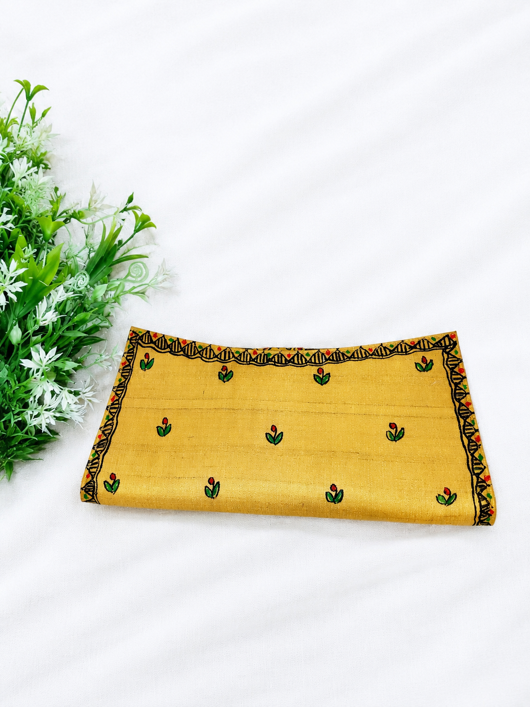 Mustard Yellow Dual-Sided Hand-painted Madhubani Bird Wallet Clutch for Women