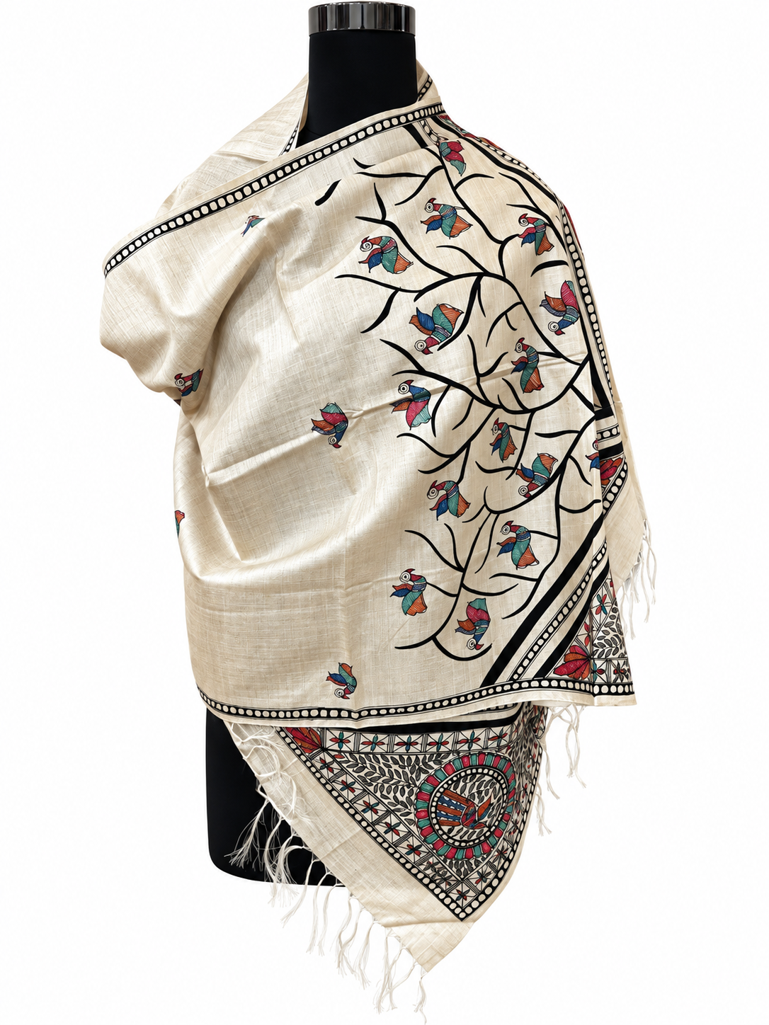 Hand-Painted Beige Tussar Munga Silk Stole with Peacock Tree Motif, Bird Buti & Geometric Border
