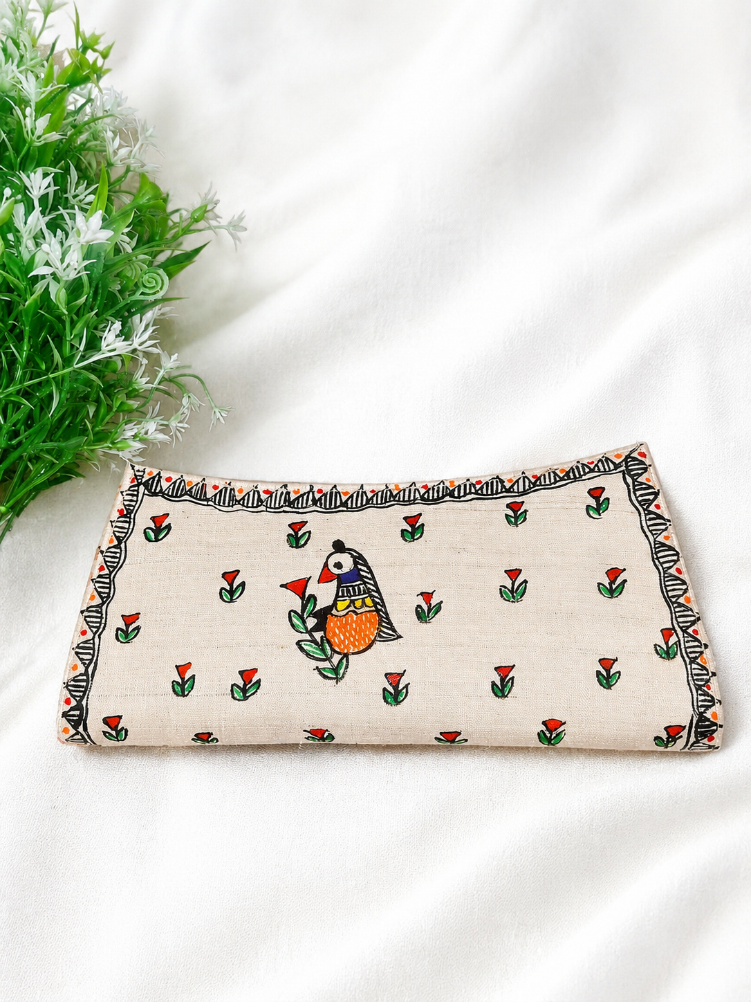Hand-painted Beige Madhubani Dual Design Bird Envelope Clutch Silk Canvas Clutch