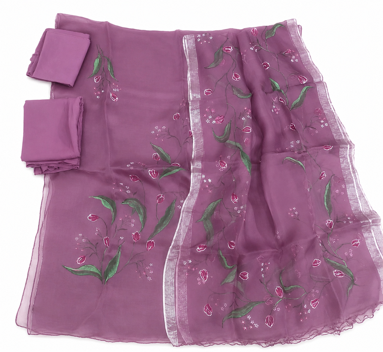 Handpainted Unstitched Organza Suit Set with Floral Fabric Painting, Peacock-Inspired Artwork and Boutique Dupatta Elegance