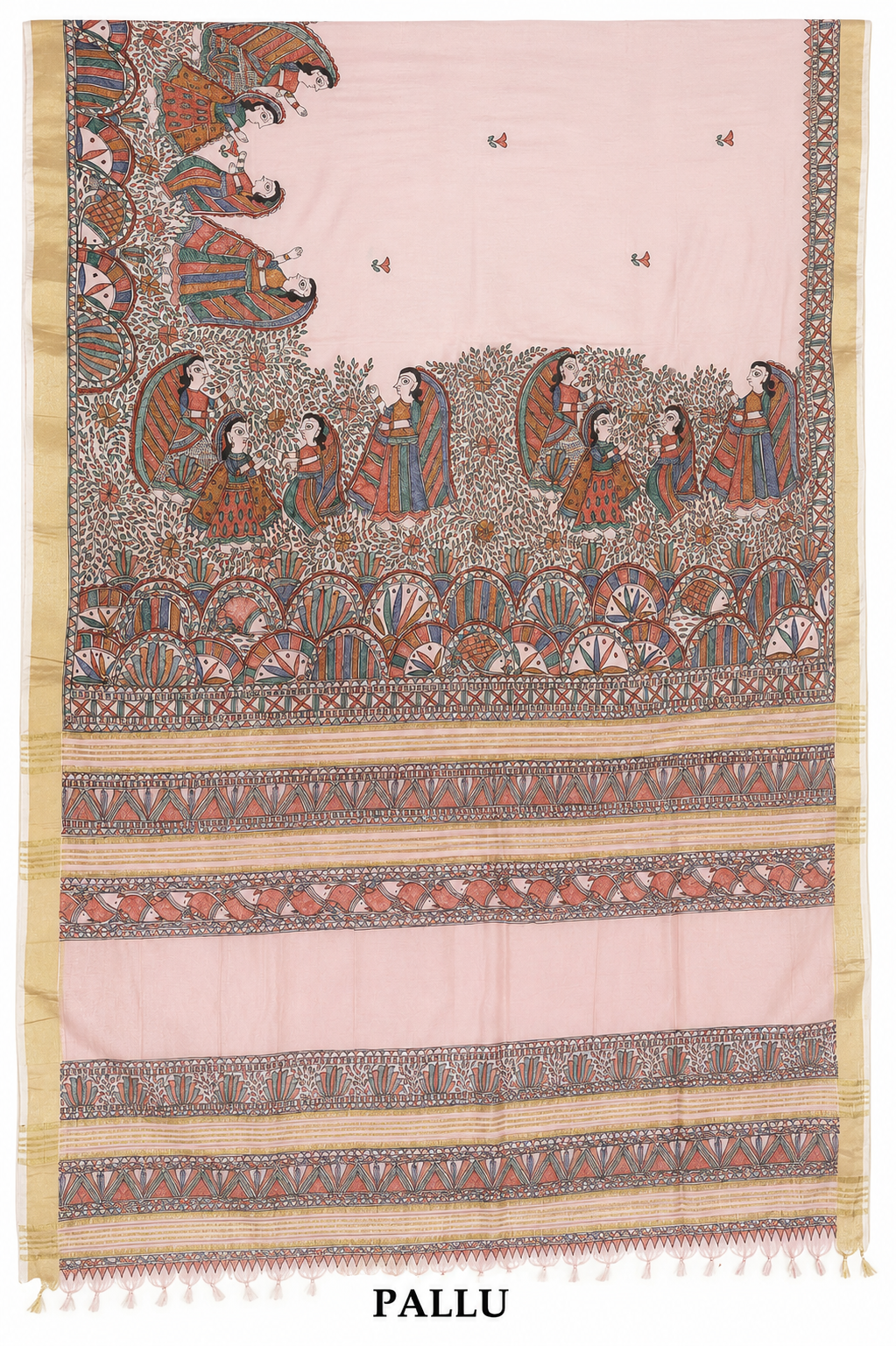 Hand-painted Blush Pink Dancing Doll Madhubani Cotton Silk Saree with Fish Motif Zari Border