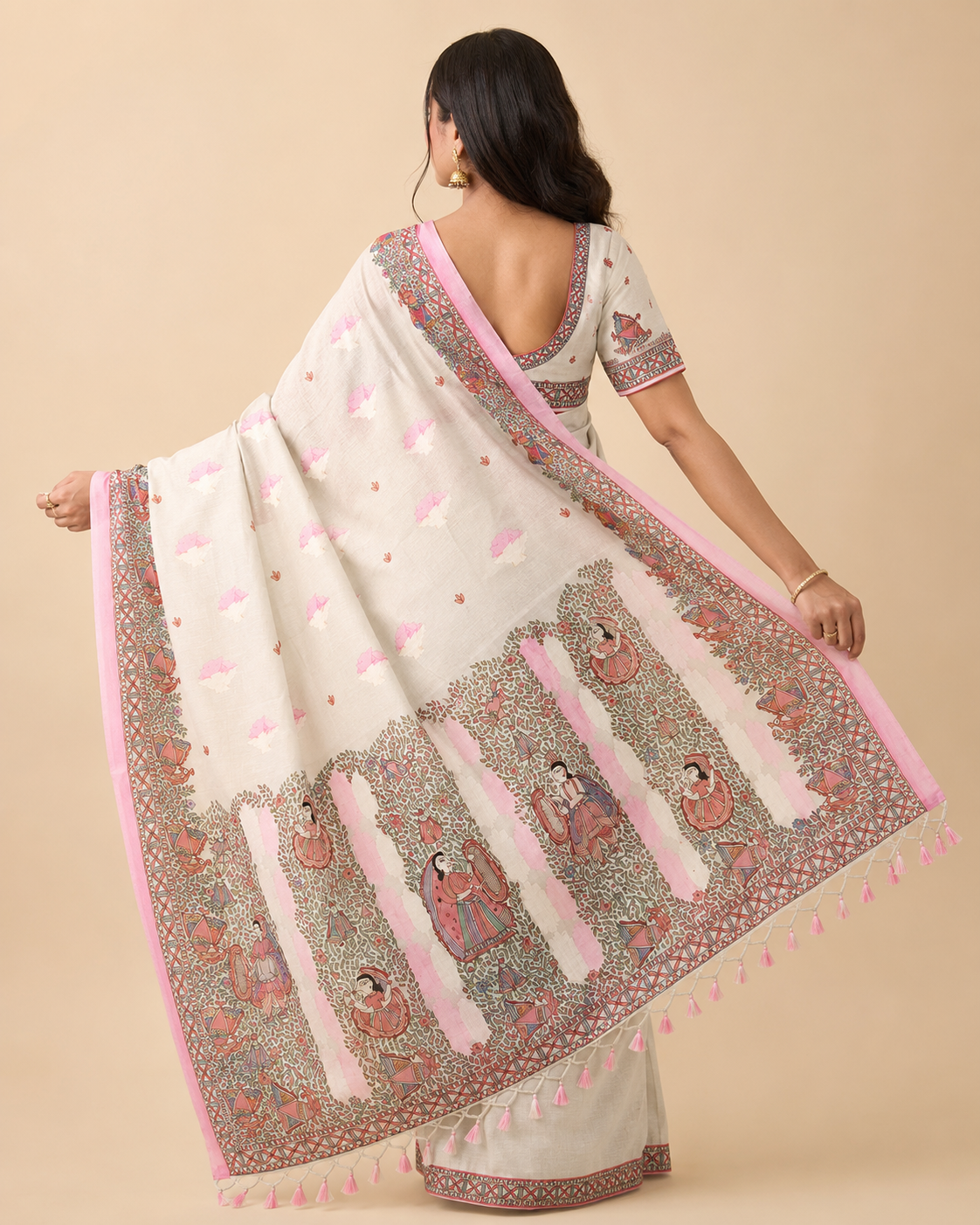Hand-painted Ivory Pink Kota Silk Saree with Ram–Sita Swayamwar Madhubani Art & Rich Zari Border