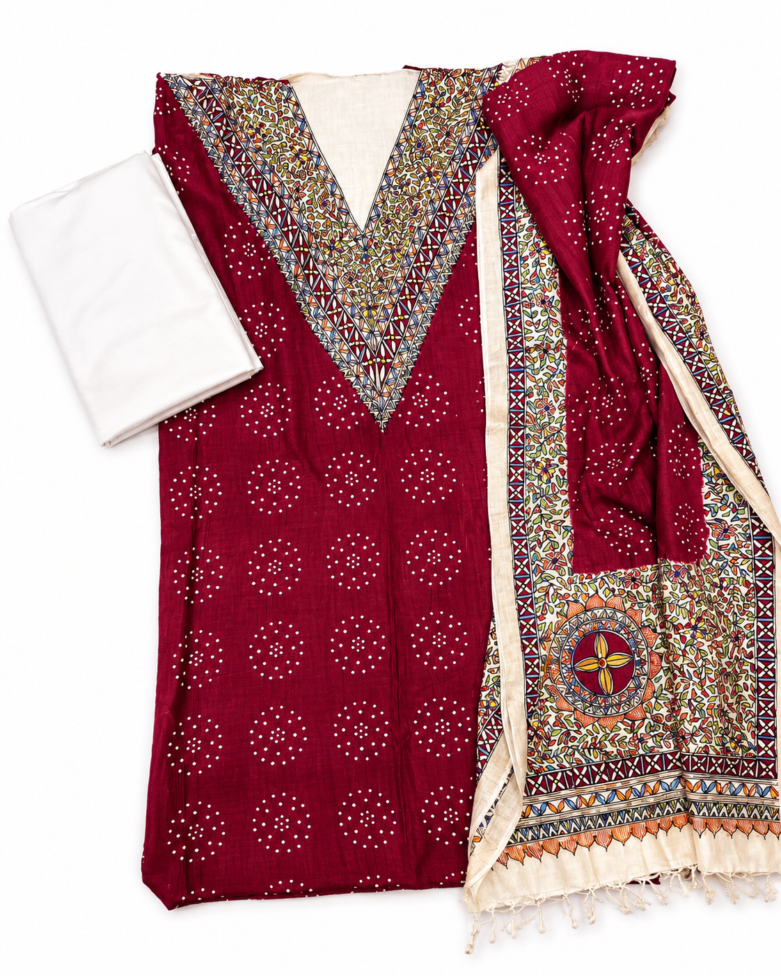 Unstitched Hand-Painted Elegant Madhubani Print Tussar Munga Silk Suit Set with Designer Dupatta