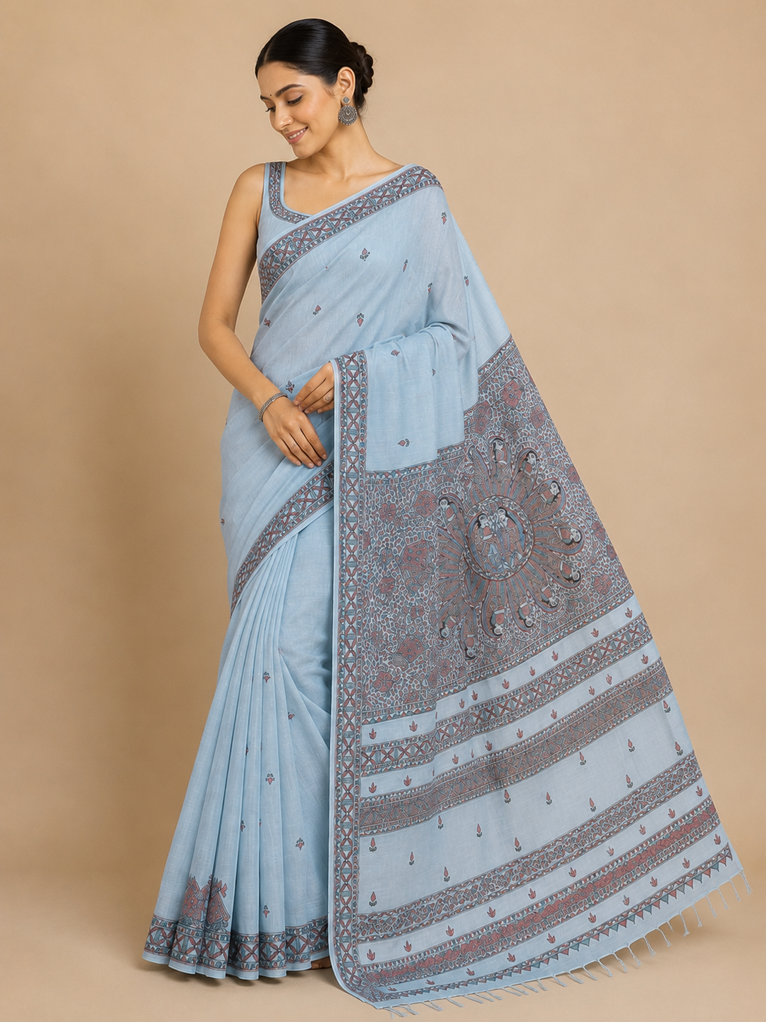 Hand-painted Rasleela Madhubani Linen Cotton Saree with Buti Body and Geometric Zari Border in Ice Blue