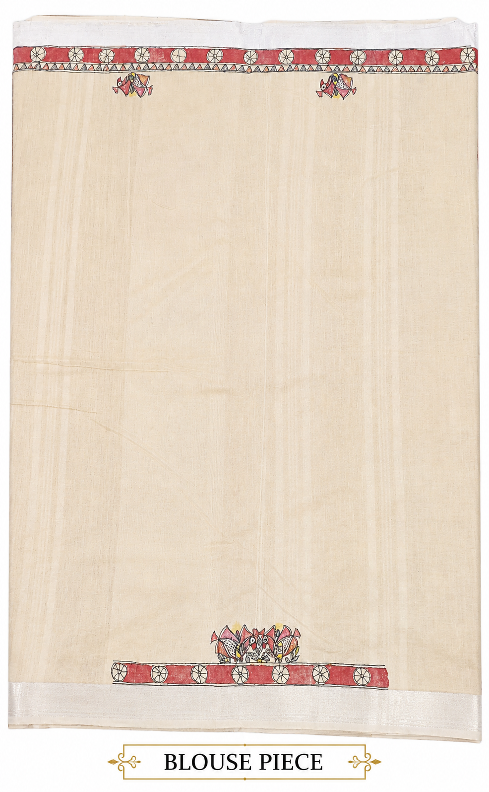 Hand-Painted Doli Ka Haar Madhubani Linen Cotton Saree with Bird Butis & Silver Zari Border in Natural Beige