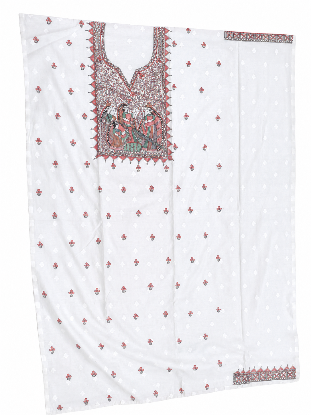 Hand-painted Madhubani Chanderi Suit Set with Boutique Work Kurti, Artistic Fish-Inspired Dupatta and Zari Border