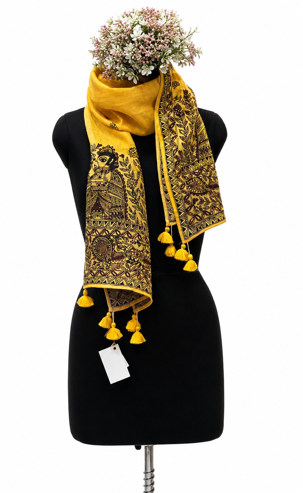 Handpainted Madhubani Linen Stole with Ram Swayamvar & Peacock Motifs
