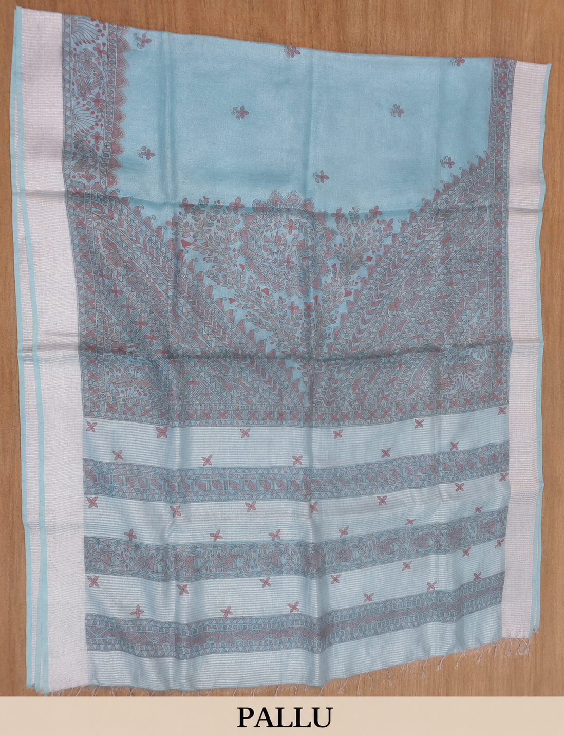 Hand-painted Sky Blue Tissue Linen Madhubani Saree with Fish Motifs & Mandala Pallu