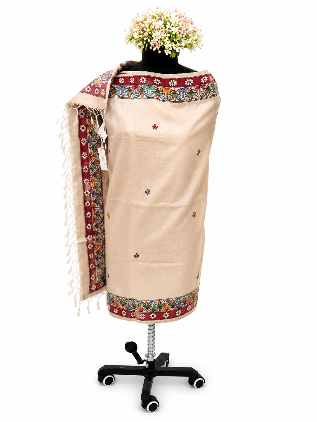 Hand-Painted Madhubani Rural Life Desi Tussar Silk Dupatta