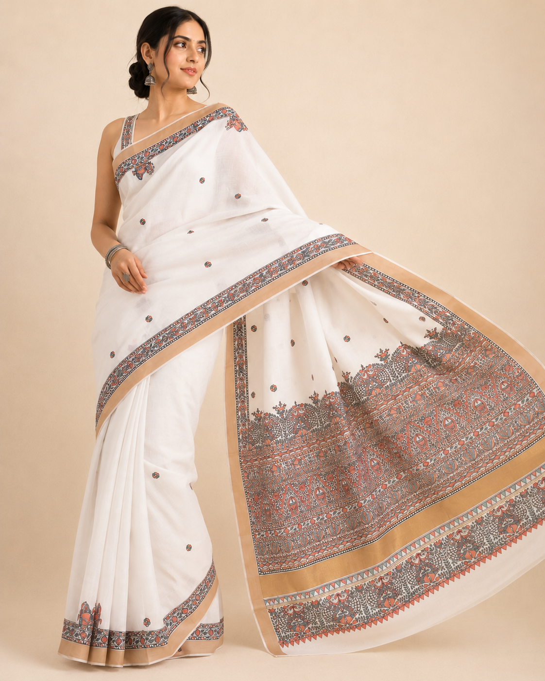 Hand-painted Ivory White Kerala Cotton Saree with Madhubani Art & Antique Zari Border