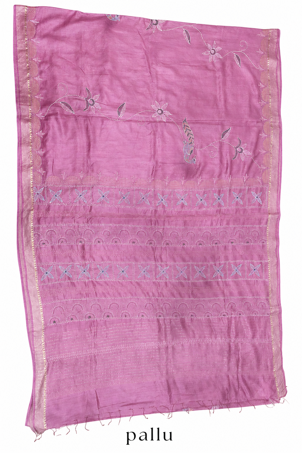 Hand-painted Tussar Munga Silk Saree with Sujani Embroidery & Gold Zari Border in Dusty Rose