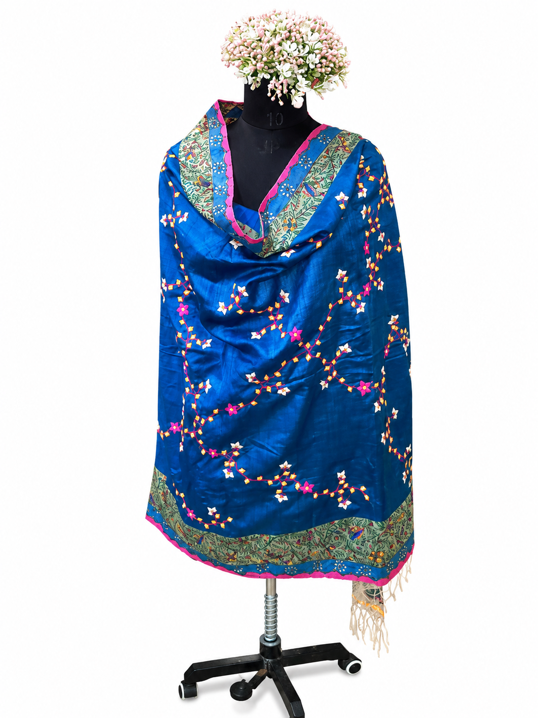 Hand-painted Appliquéd Desi Tussar Silk Dupatta – Regal Elephant & Peacock Motifs