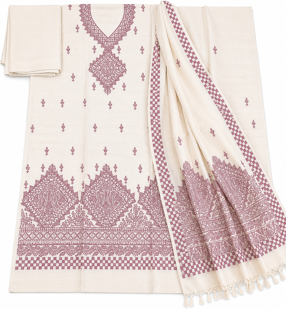 Hand Painted Madhubani Desi Tussar Silk Suit Set with Boutique Work Kurti and Matching Madhubani Bordered Dupatta
