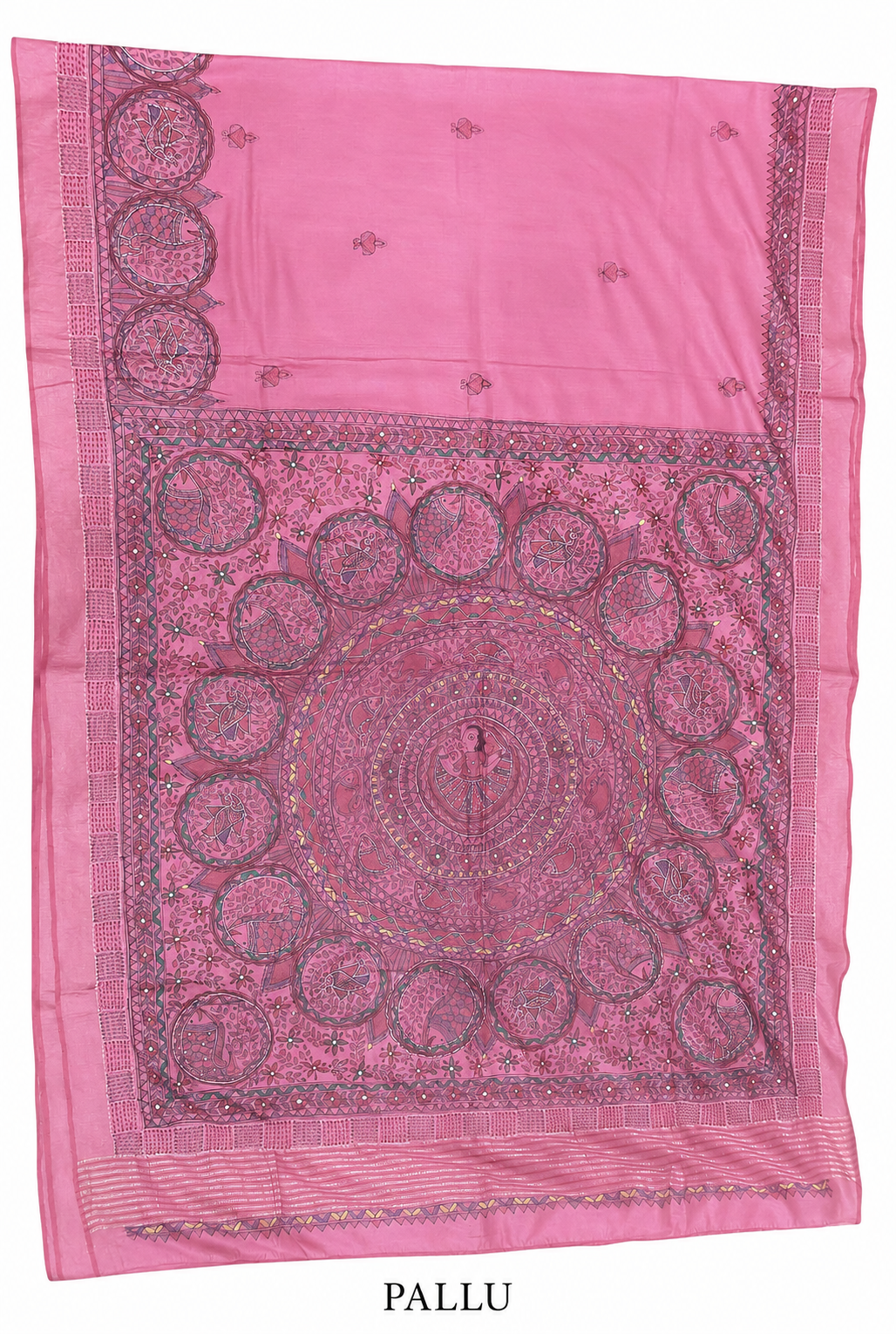Hand-painted Tussar Munga Silk Saree with Sujani Folk Art, Mandala Peacock Pallu & Rich Zari Border - Rose Pink