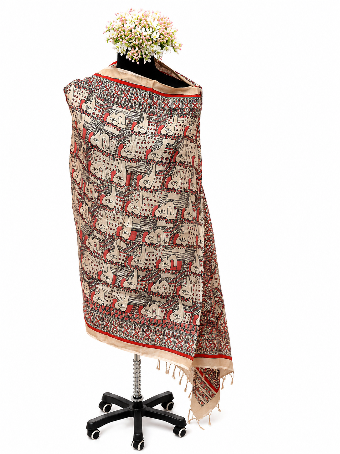 Handcrafted Tussar Munga Silk Dupatta – Elephant and Fish Motif Design