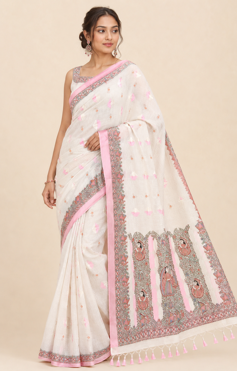 Hand-painted Ivory Pink Kota Silk Saree with Ram–Sita Swayamwar Madhubani Art & Rich Zari Border