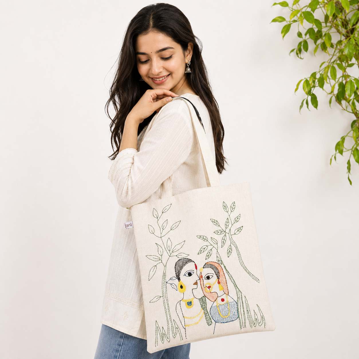 Hand-crafted Sujani Cotton Tote Bag - Whispers of Togetherness