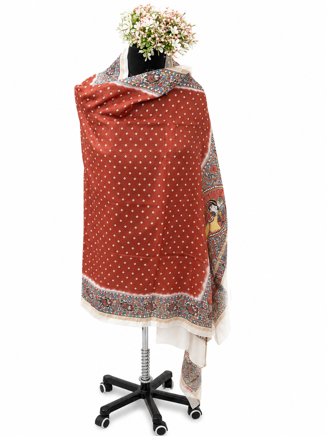 Hand-Painted Vrindavan Bloom – Radha Krishna Madhubani Chanderi Dupatta