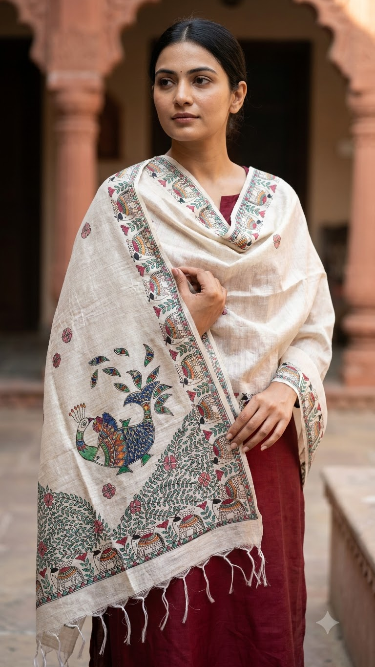 Hand-painted Beige Tussar Munga Silk Stole with Elephant and Peacock Motif & Floral Vine Design