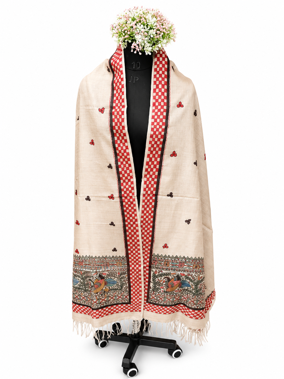 Handcrafted Desi Tussar Silk Dupatta – Madhubani Fish, Peacock and Floral Vines Design