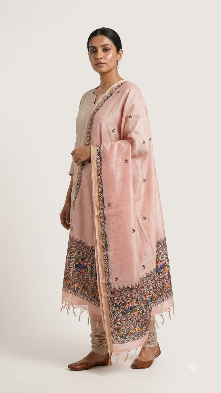 Premium Peach Pink Katan Silk Hand-Painted Madhubani Bird Motif Stole with Floral Butis
