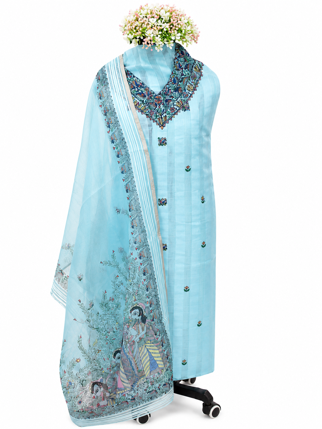 Handpainted Madhubani Organza Suit Set with Peacock and Elephant-Inspired Folk Art, Doli Ka Haar Dupatta Design and Buti Detailing