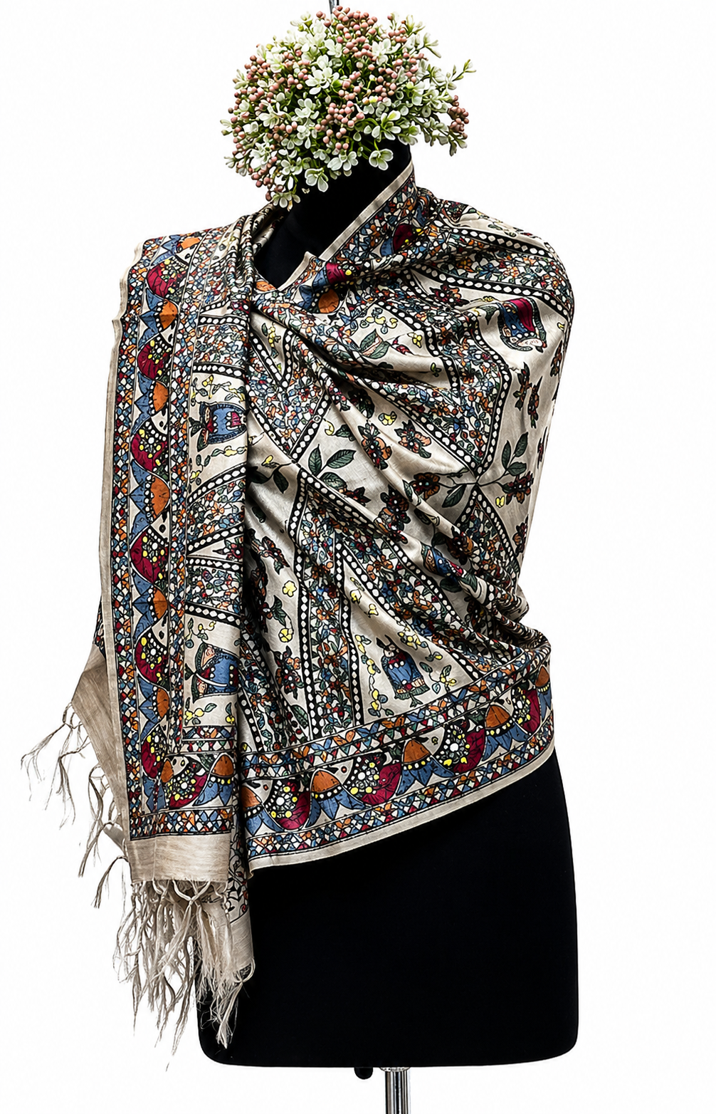 All Over Handpainted Madhubani Tussar Munga Silk Stole with Fish Motifs