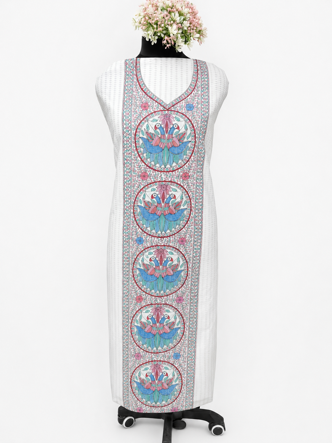 Hand-painted Madhubani Chanderi Suit Set with Mithila Panel Artwork, Peacock-Inspired Detailing, Cutwork Kurti and Leheriya Dupatta with Zari Border
