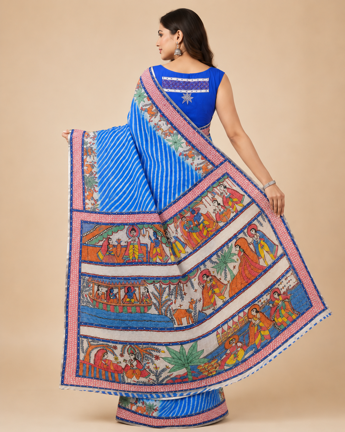 Hand-painted Royal Blue Desi Tussar Silk Saree with Leheriya Design - Ram Katha
