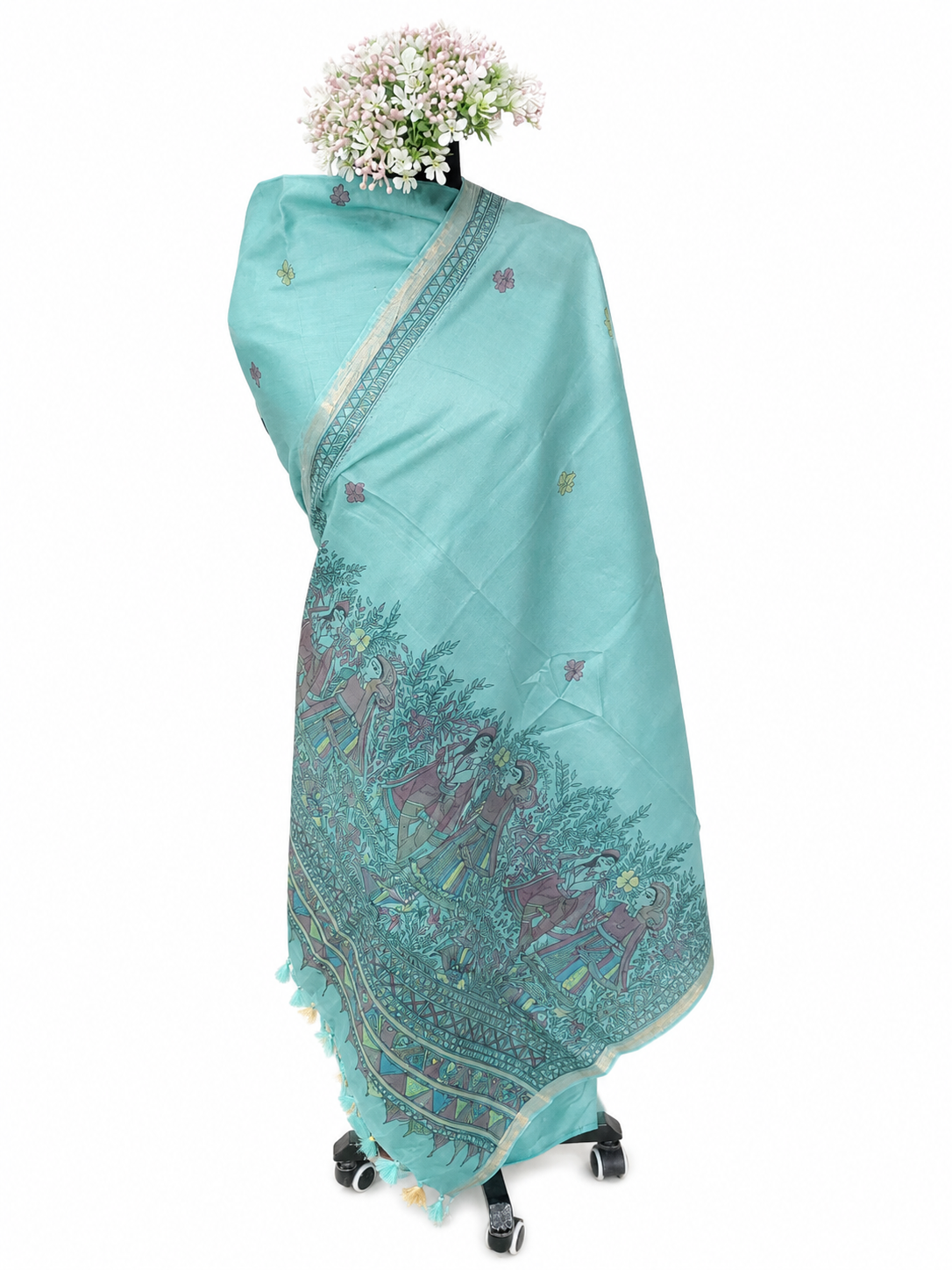 Hand-painted Tussar Munga Silk Suit Set with Radha Krishna Theme, Peacock and Fish-Inspired Artwork, Boutique Work and Matching Dupatta with Cotton Lower
