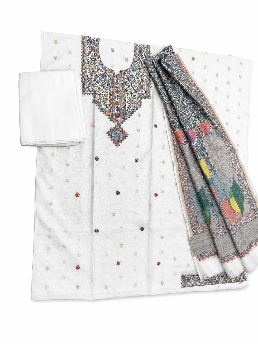 Hand-painted Madhubani Chanderi Suit Set with Designer Neckline, Boutique Artwork, All-Over Jaal Dupatta and Zari Border