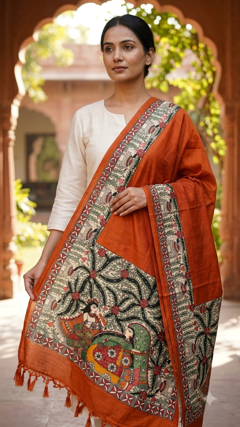 Premium Burnt Orange Cotton Silk Hand-Painted Madhubani Krishna Meera Stole