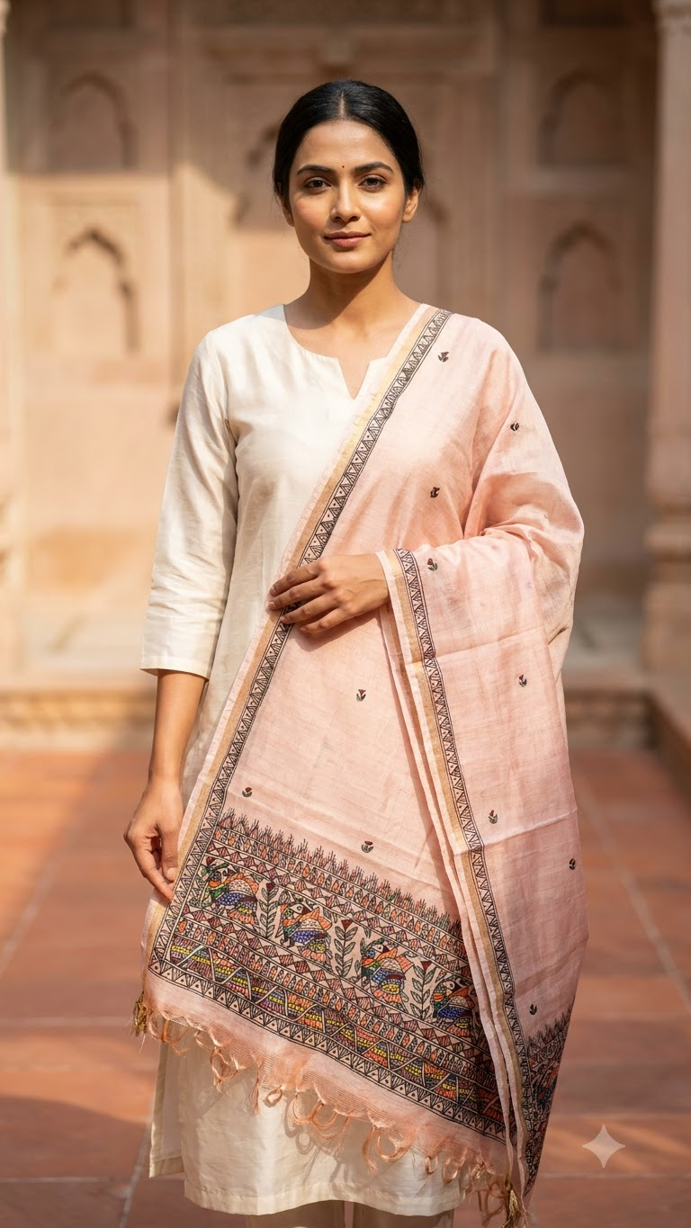 Premium Peach Pink Katan Silk Hand-Painted Madhubani Bird Motif Stole with Floral Butis