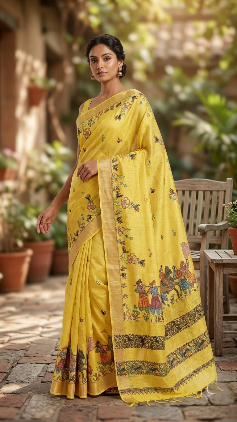 Premium Yellow Tussar Munga Silk Hand-Painted Madhubani & Handcrafted Sujani Saree with Grand Doli Baarat Pallu