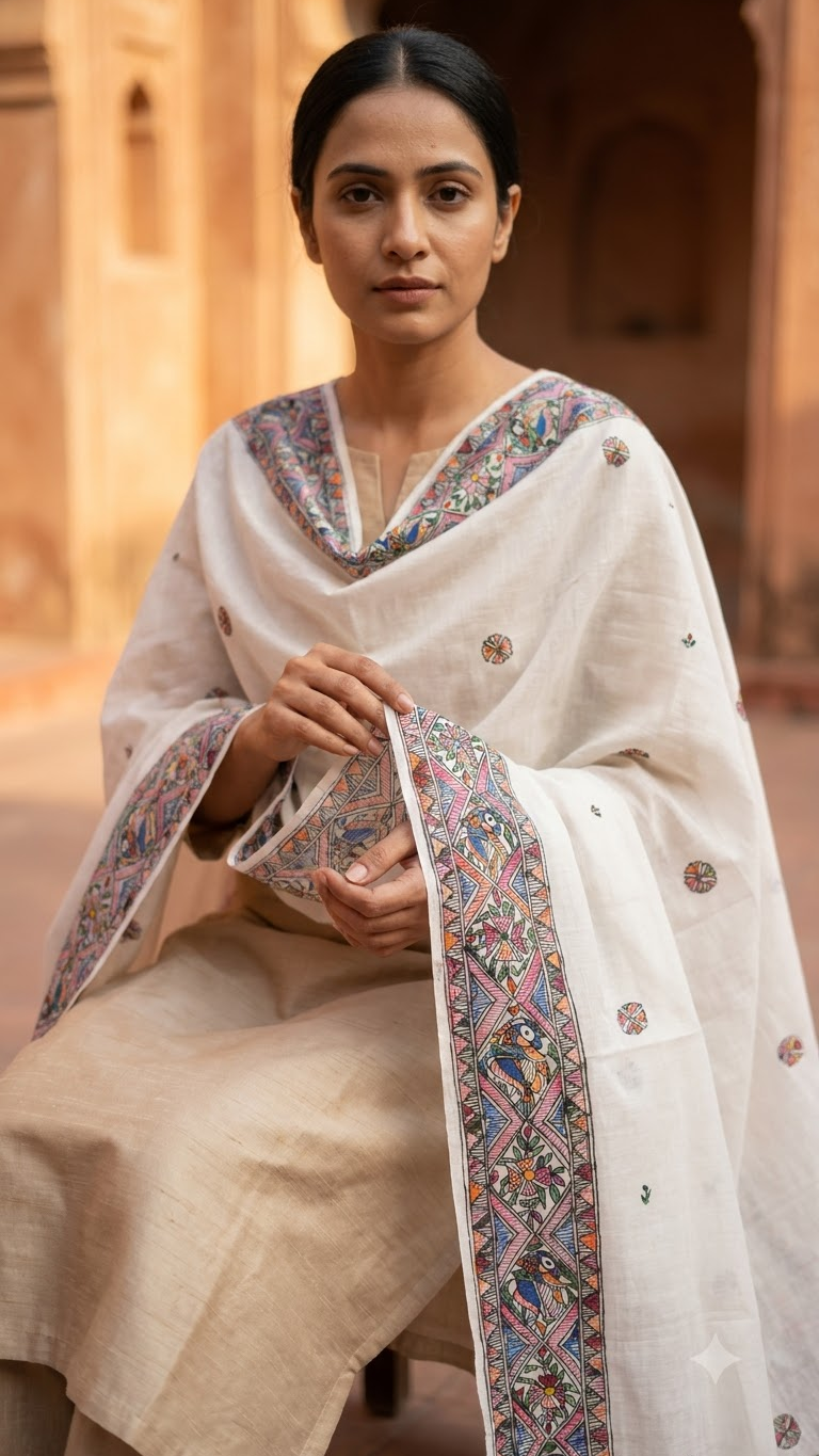 Premium White Pashmina Hand-Painted Madhubani Peacock Motif Stole with Floral Butis