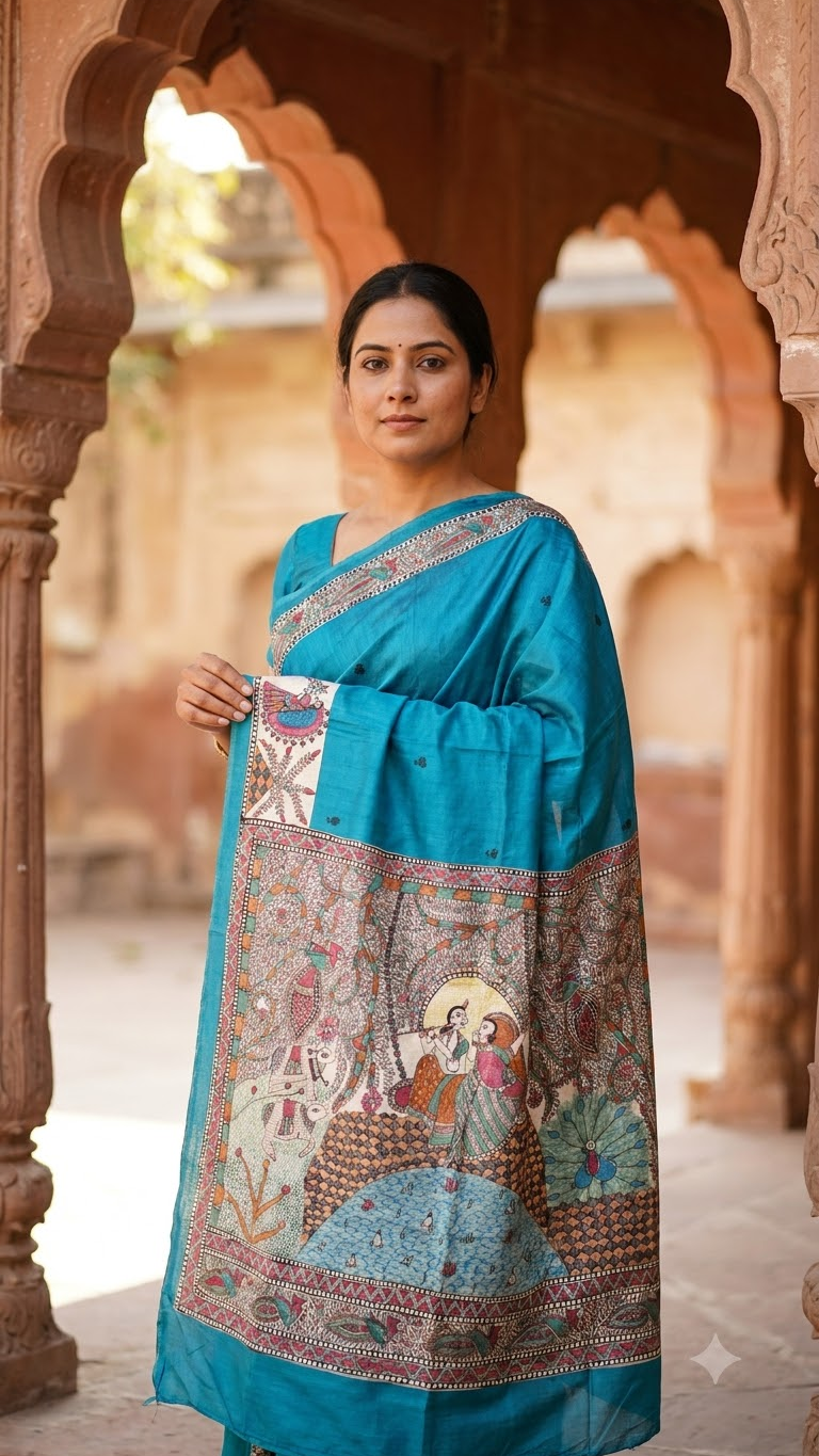Premium Bright Blue Tussar Munga Silk Hand-Painted Madhubani Saree with Grand Radha Krishna Pallu