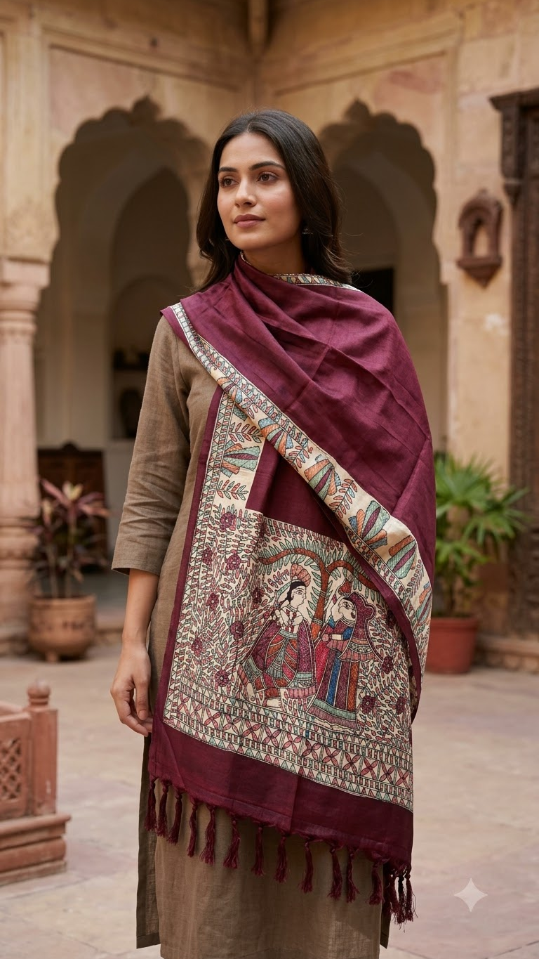 Premium Wine Cotton Silk Hand-Painted Madhubani Radha Krishna Theme Stole with Floral Vines