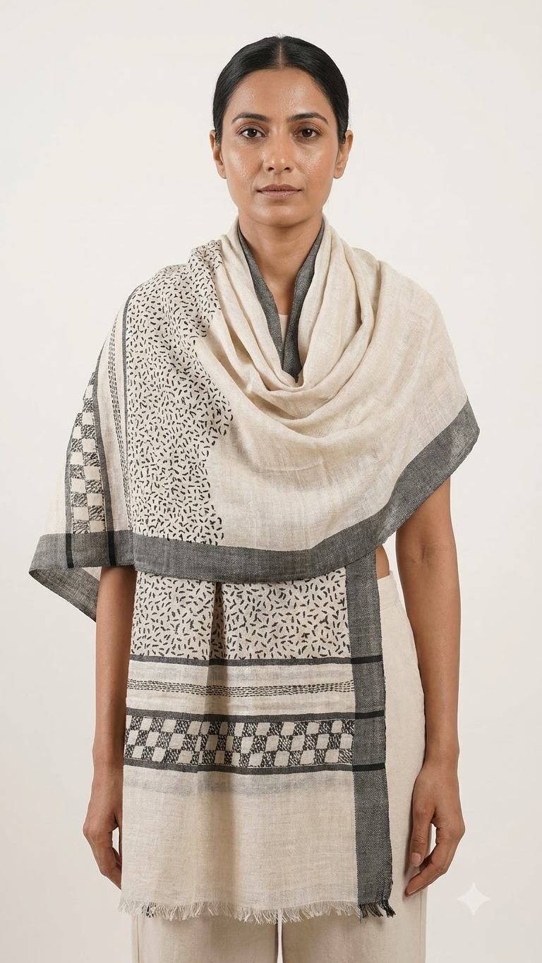 Hand-Embroidery Tussar Munga Silk Stole with Black Border and Intricate Sujni